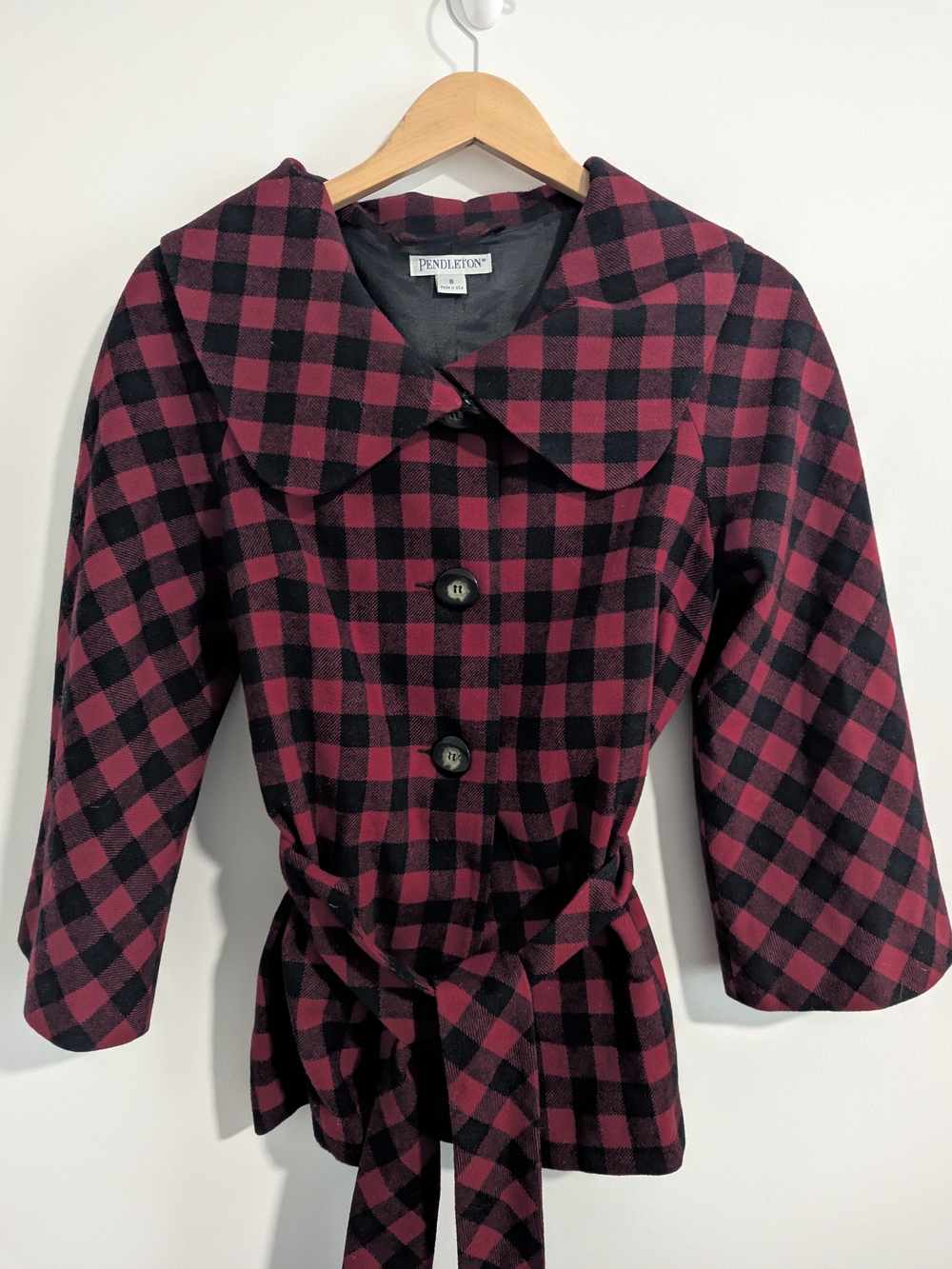 Pendleton Wool Buffalo Plaid Belted Jacket Coat Red Black Made USA Size 8